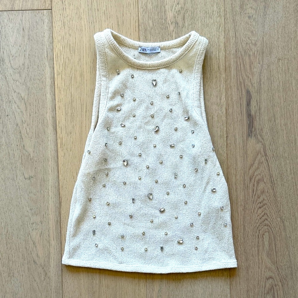 Zara Cream Gem-Studded Tank Top